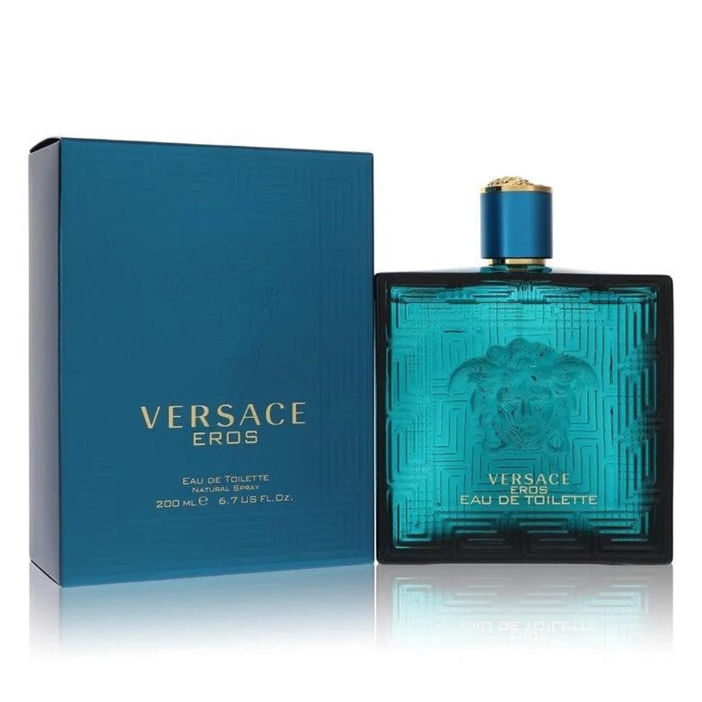 Versace Eros cologne for men EDT in turquoise bottle with box, symbolizing power and confidence.